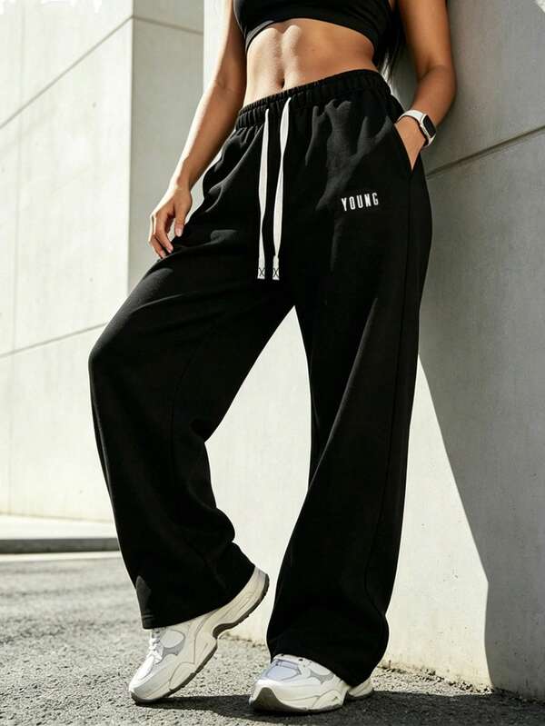 GEMCHO 1 pieza Pantalón deportivo holgado de cintura con cordón, de tela de punto con un poco de elasticidad, adecuado para ocio, correr, trotar, fitness, pantalón de primavera para todo el año, color negro