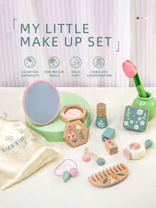 1 Set Baby Paint-Free Wooden Vanity Toy, Girls' Pretend Play Educational Set With Simulated Lipstick, Comb And Mirror - Multicolor - View 3