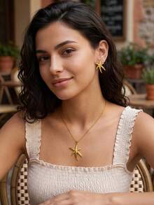 Women's Stainless Steel Jewelry Set, Textured Shell Starfish Heart Square Earrings And Pendant Necklace, Beach Accessories, Suitable For Party And Daily Wear Gift - Gold - View 6