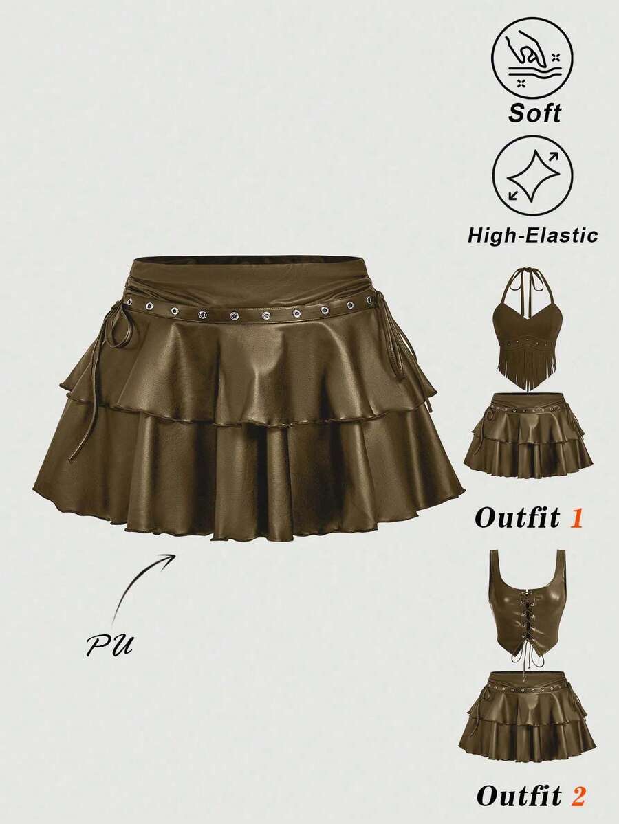 MOD Falda casual de mujer con cordón y nudo, de doble capa, de material de PU - Marrón Mocha - Ver 1
