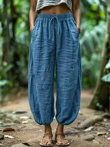 Women's 2026 Summer Bohemian Style Solid Color Pants, High Waist Elastic Drawstring Loose Oversized Casual Beach Vacation Long Pants With Pockets - Blue - View 8