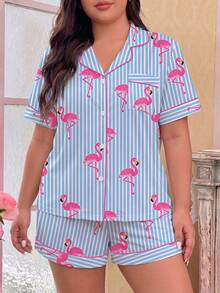 2pcs/Set Conjunto de Pijama para Mujer, Estampado de Flamenco a Rayas, Ropa de Estar en Casa para Mujer, Conjunto de Primavera/Verano para Vacaciones, Conjunto de Top con Cuello y Pantalones Cortos de Manga Corta Adecuado para Uso en Exteriores - Multicolor - Ver 3