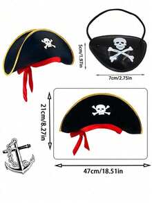 2pcs Halloween Pirate Hat + Pirate Eye Patch - Skull Print Pirate Captain Costume Hat, Pirate Accessories, Party Hat, Costume Party, Role Play Funny Captain Hat Valentine's Day Gift - A - View 2