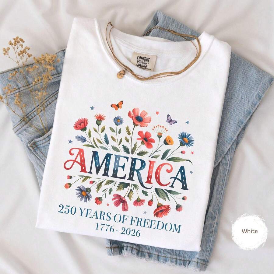 [Women's Blouses] USA 250th Anniversary Floral T-Shirt, Wildflower Independence Day T-Shirt, Patriotic Botanical T-Shirt 17762026 Sweatshirt C - 白色 - 查看 1