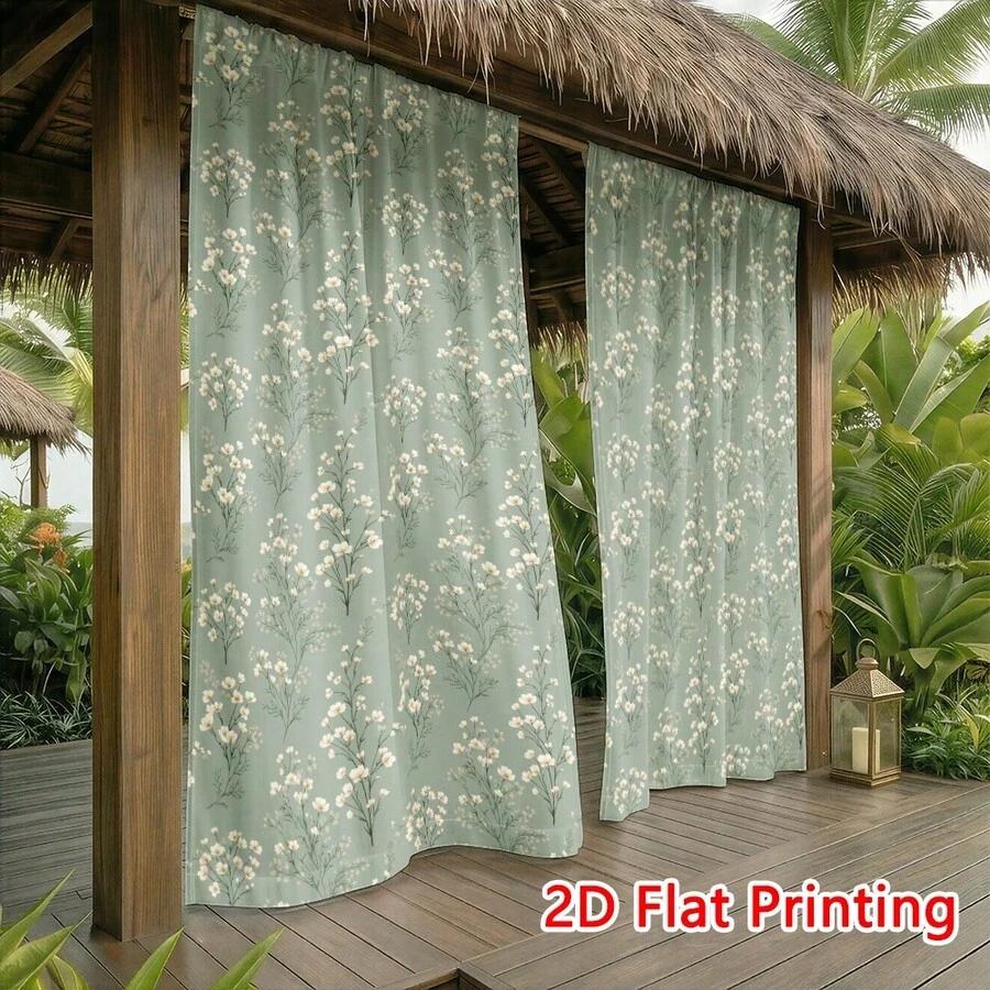 2件組 2D 精緻白色花卉圖案配纖細綠色莖幹,柔和鼠尾草綠背景,戶外遮陽簾,適用於露台、門廊與遮陽篷,防紫外線、耐褪色,隱私遮陽裝飾 - 彩色 - 查看 1