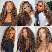 Uveous 34 Inch Honey Blonde Wig Human Hair Deep Wave 13x4 HD Ombre Lace Front Wigs P4/27 Highlight Curly Human Hair Wig 200 Density Pre Plucked Human Hair Frontal Wigs For Women - SP4/27 - 查看 7
