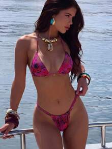Women's Floral Sexy Halter Neck Bikini Set - Multicolor - View 3