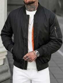Men's Solid Color Thin Fabric Baseball Collar Casual Retro New Varsity Jacket, Spring/Autumn - Black - View 1