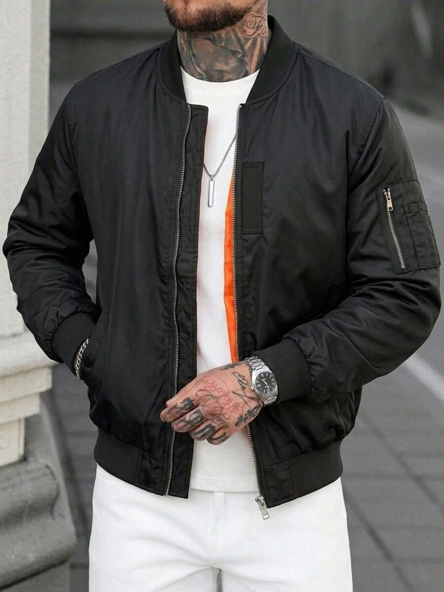 Men's Solid Color Thin Fabric Baseball Collar Casual Retro New Varsity Jacket, Spring/Autumn - Black - View 1
