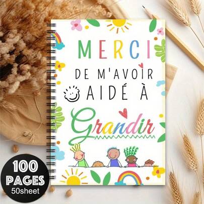 1 pièce Cahier à spirale Merci Enseignant Français, format A5, journal imprimé coloré pour enfants, fournitures scolaires, cadeau parfait pour la fin de l'année & la rentrée scolaire