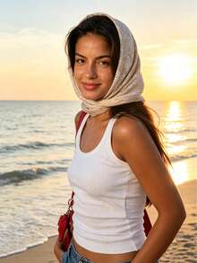 1pc 90cm Faux Silk Scarf, Women's Satin Printed Headband, Headscarf, Fashion Head Accessory, Shawl, Neck Scarf, Hairband, Dress Accessory, Suitable For Beach, Holiday, Travel Essential - Beige - View 2