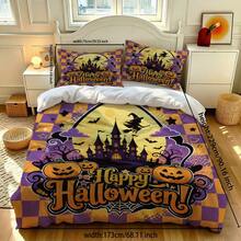 3-Piece Halloween Bedding Set (1 Duvet Cover + 2 Pillowcases), Featuring Halloween-Themed Design. Bedding Is Soft And Comfortable, Made With High-Definition Digital Printing Technology. Patterns Include Castles And Pumpkin Designs. No Fillers Included. Perfect For Bedroom, Dorm (Unisex) And Travel Use. - 4129+SJT+W - View 18