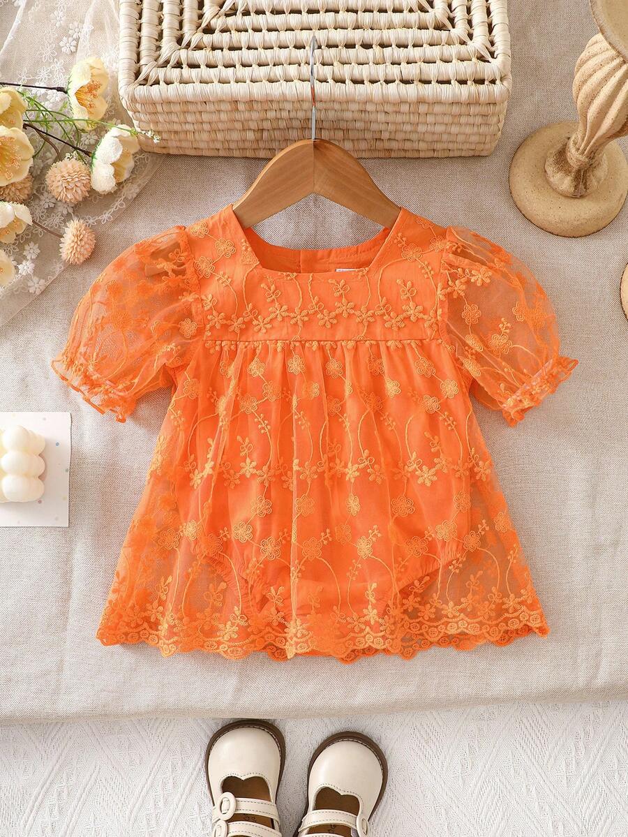 女嬰刺繡短袖網紗連身裙,夏季款 - 橘色 - 查看 1