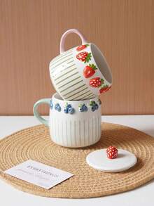 1pc Embossed Fruit Striped Ceramic Mug, Exquisite Coffee Cup With Lid, Lemon, Peach, Strawberry And Blueberry Pattern, Elegant And Practical, Suitable For Home Decor, Father's Day Gift, Father's Day Decoration, Independence Day Gift Decoration, Back To School Gift, Halloween Decoration And Christmas Decoration, Suitable For Coffee Cup, Living Room, Bedroom, Coffee Art, Gift. - Multicolor - View 7