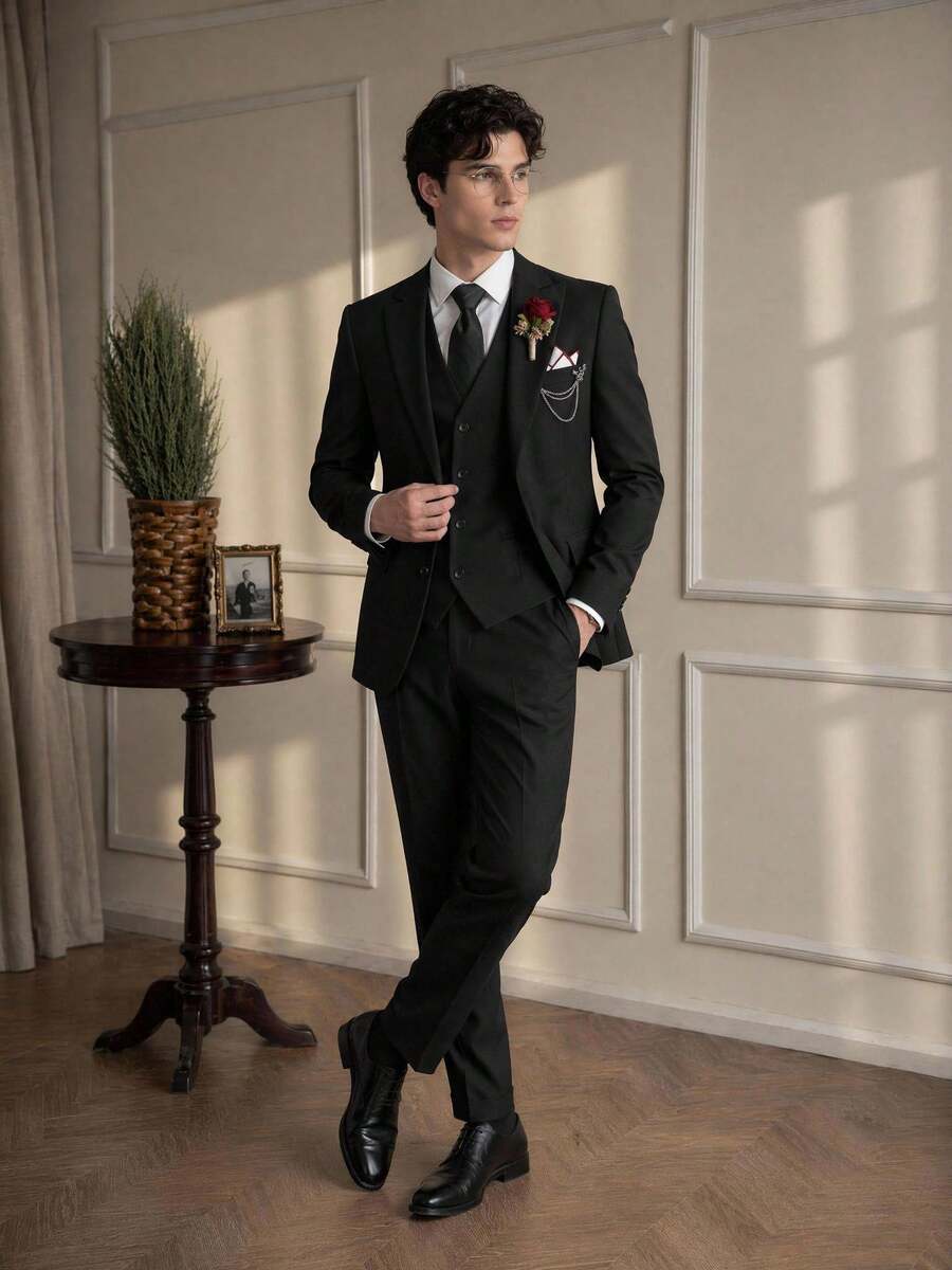 Furuyal 男士西服三件套男士优雅纯色时尚修身舞会西装外套双排扣马甲裤套装商务派对婚礼节日海军蓝尺码 XS-3XL - 黑色 - 查看 1