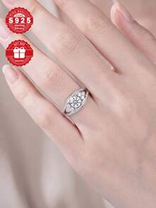 1件 925純銀閃亮簇飾合成立方鋯石戒指,日常配戴/求婚訂婚禮物,附贈禮盒 - 銀色 - 查看 4