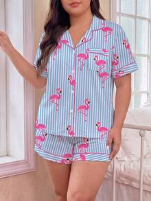 2pcs/Set Conjunto de Pijama para Mujer, Estampado de Flamenco a Rayas, Ropa de Estar en Casa para Mujer, Conjunto de Primavera/Verano para Vacaciones, Conjunto de Top con Cuello y Pantalones Cortos de Manga Corta Adecuado para Uso en Exteriores - Multicolor - Ver 10