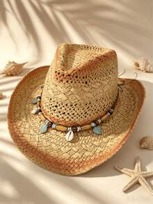 1pc Bohemian Mixed Color Beaded Hollow Panama Straw Hat, Casual Protective Decorative Sun Hat, Fashionable Versatile, Suitable For Outdoor Activities, Fashion Women's Hat, Women's Country Hat, Women's Hat, Suitable For All Seasons, Holiday Gift, Mother's Day Gift For Mom, Valentine's Day, Suitable For Vacation, Photography, Gift For Women - Multicolor - View 5