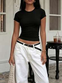 Women's Solid Color Round Neck Short Sleeve Pleated Casual T-Shirt Summer Style - Charcoal Black - View 3