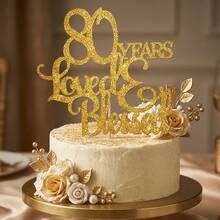 1pc 80th Birthday Cake Topper, Gold Glitter "80 Years Loved & Blessed" Cake Decoration For Anniversary Party, Elegant Birthday Party Supplies - Multicolor - View 2