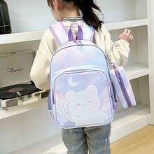 卡通青少年美人魚獨角獸印花書包附鉛筆袋 - 紫色 - 查看 7