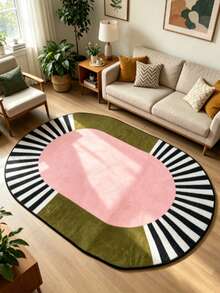 1pc Pink & Green Striped Oval Area Rug, Living Room Carpet, Washable Rug, Home Decor - Multicolor E - View 6