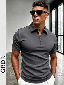 GRDR 男士夏季 Polo 领半拉链短袖 T 恤，适合户外、度假和休闲穿着 - 深灰色 - 查看 5