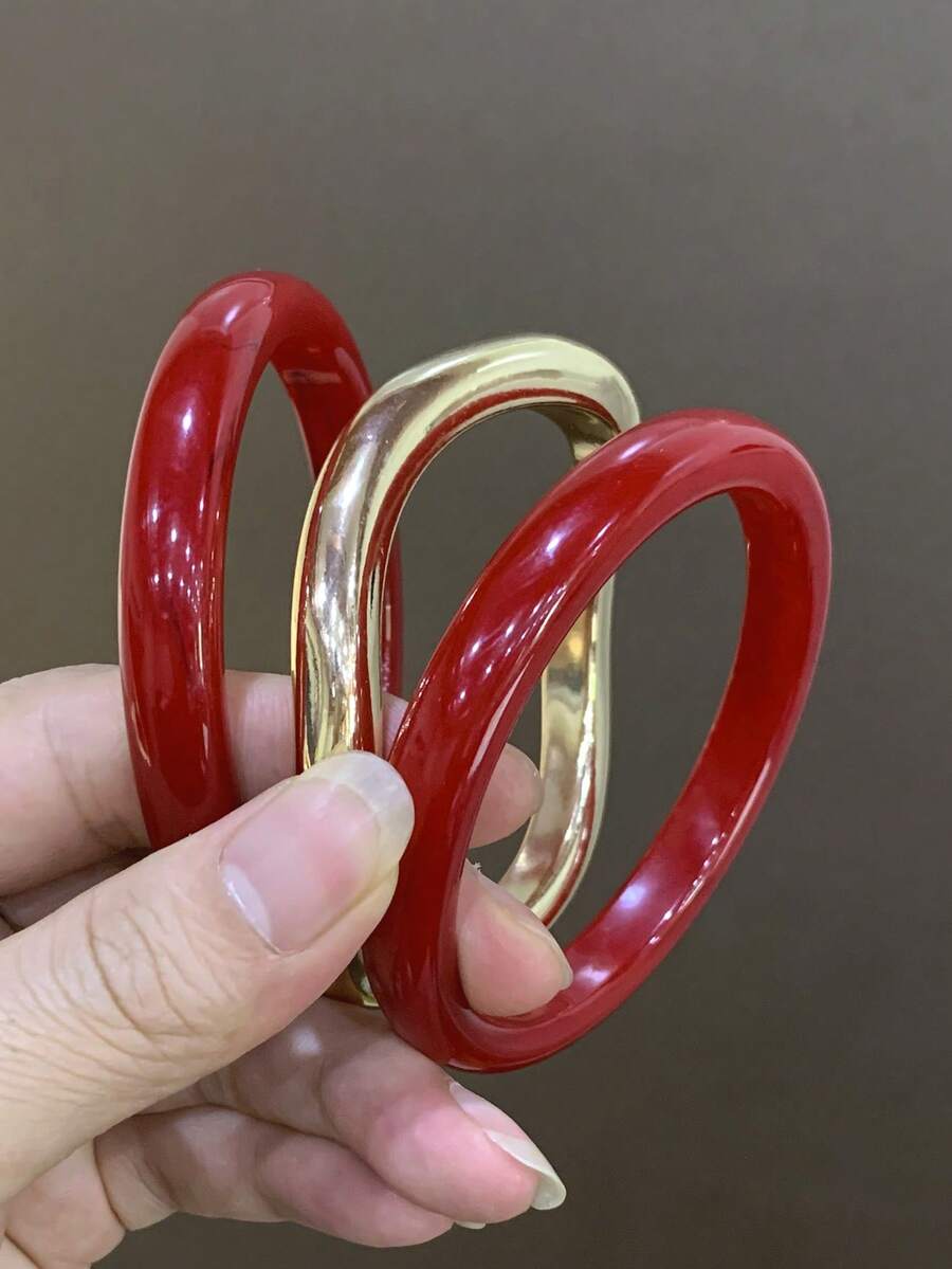 3pcs Set Fashionable Retro Bohemian Thick Multi-Layer Red Acrylic Bracelets For Women - Multicolor - View 1