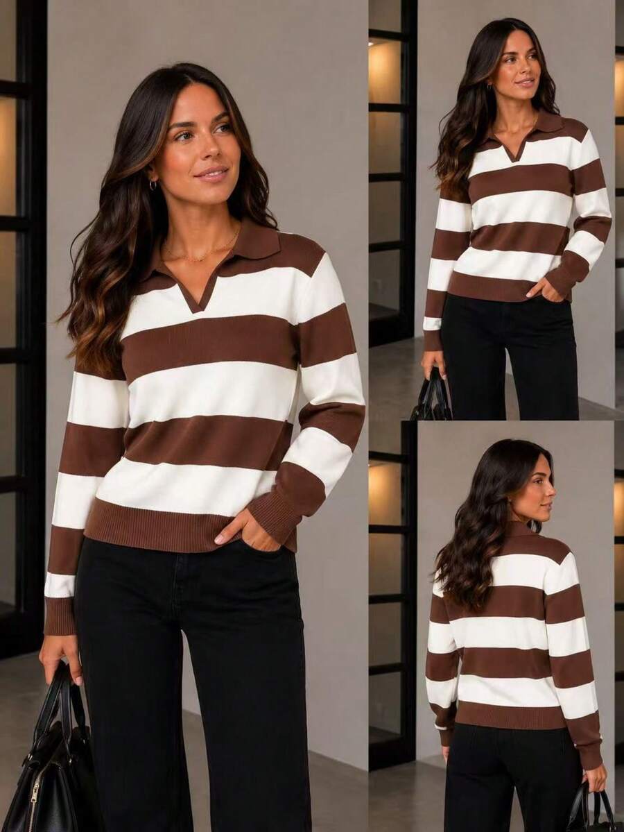Women's Striped Knit Blouse With Polo Collar And Long Sleeves - Brown and White Stripes - View 1