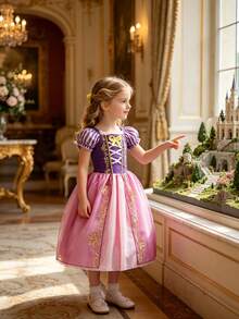4pcs Girls Purple Floral Pattern Multi-Layer Tulle Skirt Short Sleeve Dress, Crown, Magic Wand, Handbag Set, Children's Role Play Costume Set For Christmas, Halloween, Party Dress-Up - Purple - View 5