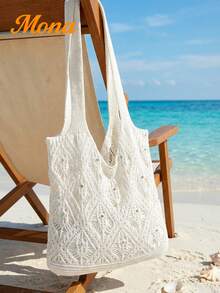 Boho Hollow Knit Tote Bag With Rhinestone Shiny Decor Women Summer Beach Shoulder Bag For Vacation Party Dating Shopping Cruise Travel - Beige - View 1