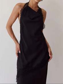 2 Piece Outfit Satin Halter Midi Slip Dress Matching Shrug Eyelash Lace Trim Open Back Cowl Neck Party Evening Set - Black - View 1