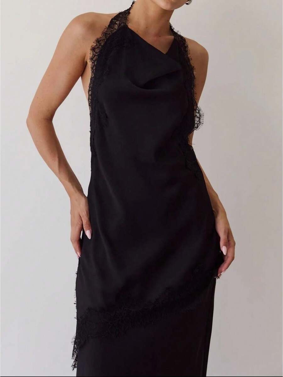 2 Piece Outfit Satin Halter Midi Slip Dress Matching Shrug Eyelash Lace Trim Open Back Cowl Neck Party Evening Set - Black - View 1