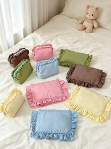 Cute Ruffle Trim Cosmetic Bag Plain Makeup Bag Portable Toiletry Bag Travel Makeup Clutch Pouch Grid Pattern Make Up Bag Zipper Handbag Brushes Holder - Multicolor - View 3