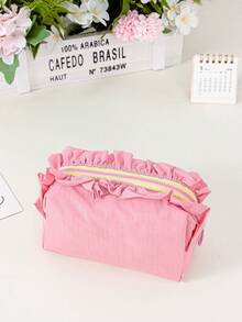 Cute Ruffle Trim Cosmetic Bag Plain Makeup Bag Portable Toiletry Bag Travel Makeup Clutch Pouch Grid Pattern Make Up Bag Zipper Handbag Brushes Holder - Multicolor - View 12