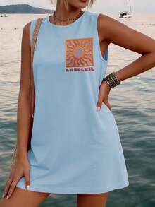 Vestido casual de moda Y2K bohemio para mujer con cuello redondo, estampado de letras en inglés y sol, elegante para la vuelta al colegio y brunch de primavera/verano - Azul - Ver 8