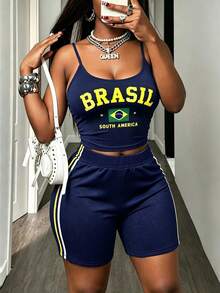 DVSLOE Setelan 2 Potong Musim Panas Wanita Motif Bendera Brasil, Atasan Tank Pendek dengan Tali Bahu Tipis yang Dapat Diatur & Celana Pendek Bersepeda dengan Garis Samping - Navy Blue - View 2