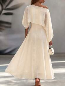Fashionable Women's White Asymmetrical Neckline Pullover Design Flowy Long Dress, Suitable For Elegant Occasions - Apricot - View 2