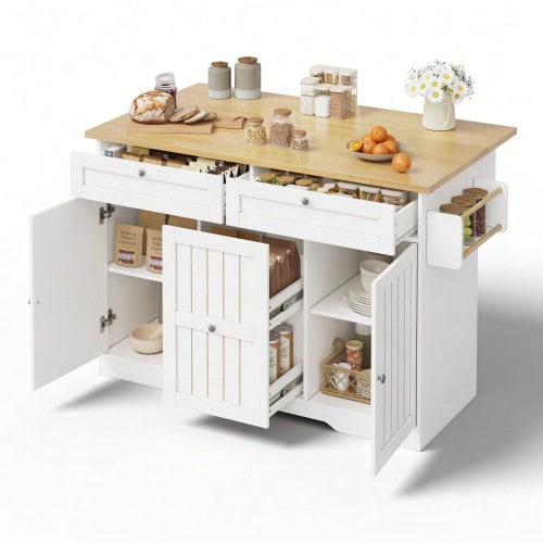 Mobile Kitchen Island With Folding Worktop, Serving Trolley And Storage Cabinet, With 2-Tier Vertical Drawers, 2 Drawer-Sized And Lockable Casters, 120 * 45 (70) * 92 Cm. - Natural+White - View 11