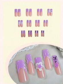 24pcs Purple French Manicure Nail Stickers, Rectangular, Nude Color, With 3D Floral And Wave Line Art Design, Leopard Print Decor, Minimalist Style, Smooth Surface, Full Coverage Fake Nails, Suitable For Women And Girls Daily Wear - Multicolor - View 2