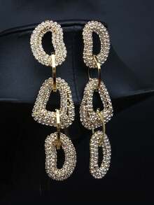 1 Pair European & American Fashion Exaggerated Linked Geometric Rhinestone Earrings For Women, Punk Hip-Hop Style, Suitable For Events And Festivals - Exaggerated Geometric Earrings - View 1
