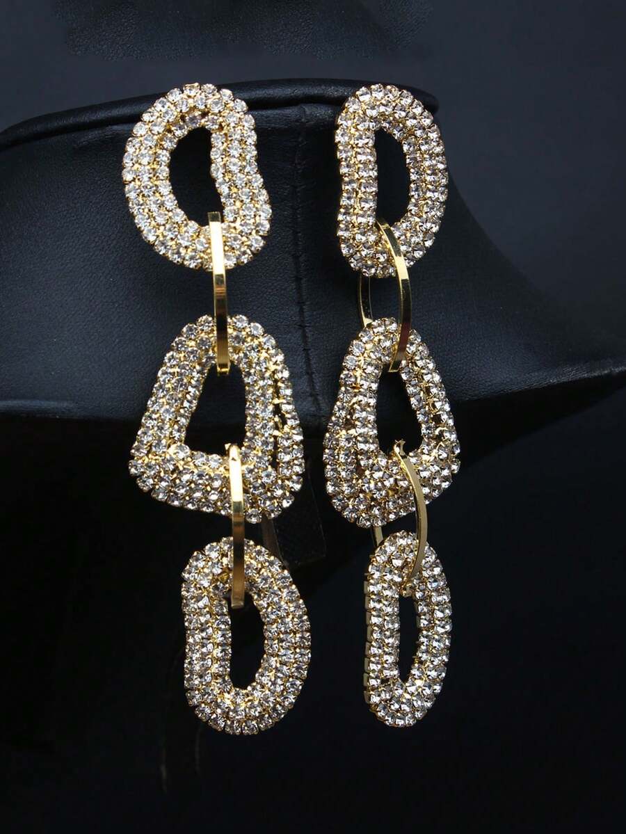 1 Pair European & American Fashion Exaggerated Linked Geometric Rhinestone Earrings For Women, Punk Hip-Hop Style, Suitable For Events And Festivals - Exaggerated Geometric Earrings - View 1