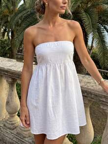 Women Tube Dress Solid Color A-Line Dress Strapless Dress Summer Backless Mini Dress - 白色 - 查看 2