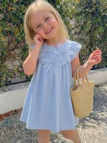 Gaun Pesta Musim Panas Anak Perempuan yang Sederhana, Elegan, Modis, Berkerah Bulat, Lengan Bergelombang, Warna Biru Polos, Motif Bunga 3D - Baby Blue - View 1