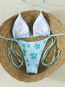 Sexy Halter Neck Casual Bikini Set For Spring/Summer Beach Vacation, Blue Floral And Striped Pattern, Suitable For Parties And Gatherings - Multicolor - View 3