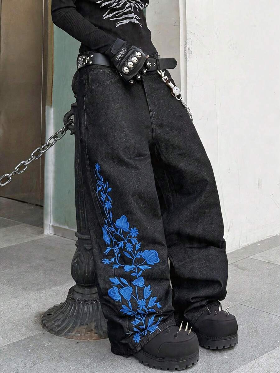 Hearty Haven 1件裝男士時尚街頭風刺繡寬腿寬鬆舒適四季百搭牛仔長褲－不含腰帶與配件