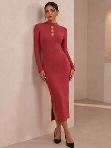 Vestido Midi Feminino Tricot Canelado Manga Longa Gola Alta Elegante - Goiaba - Visão 2