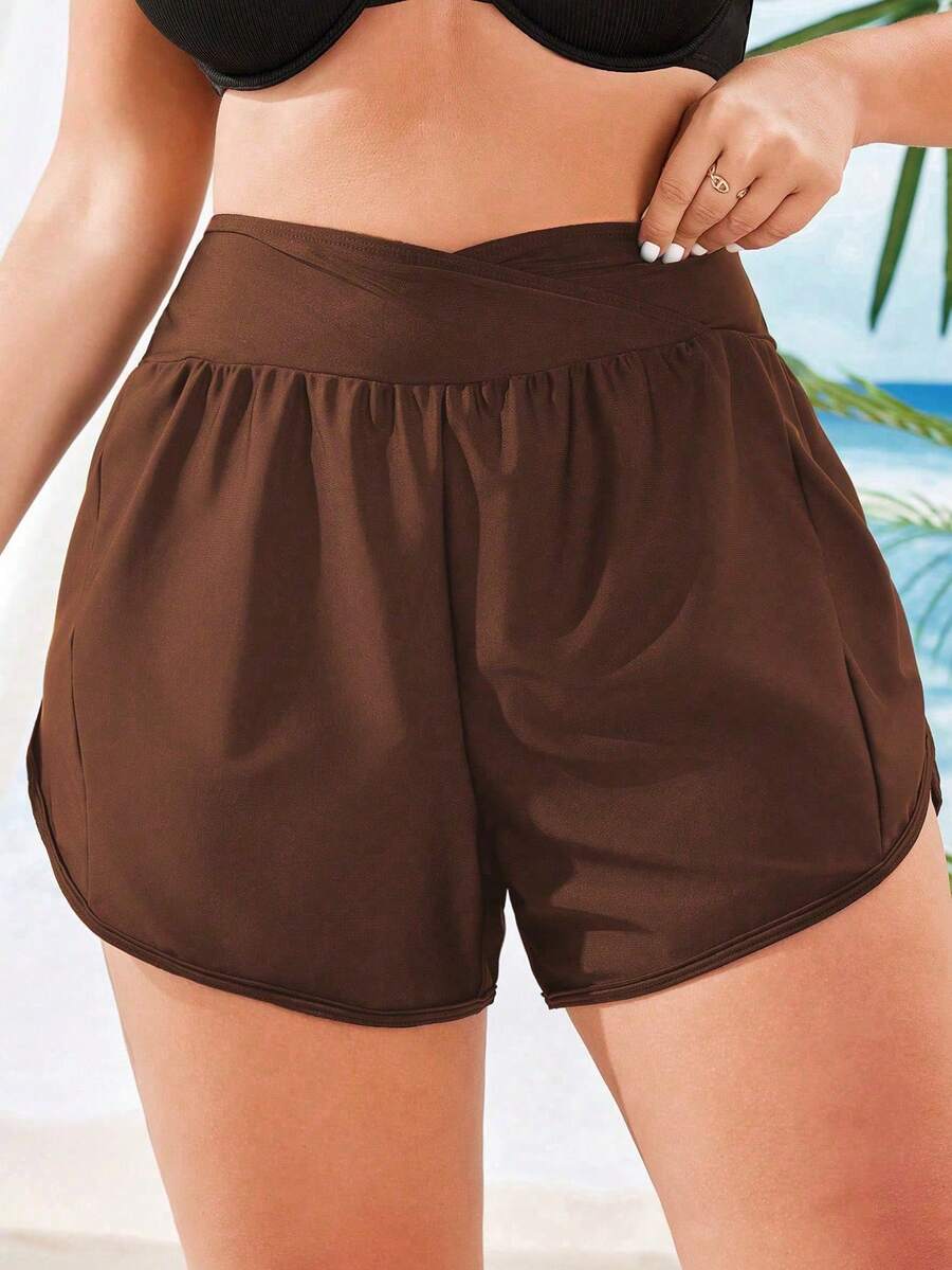 Swim Vcay Short Asymmetrical Size For Summer Bikini Solid Color - Army Green - View 1