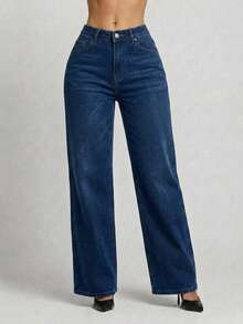 Pantalón Mezclilla Stretch Mujer Corte Amplio Cintura Alta - Azul lavado oscuro - Ver 3
