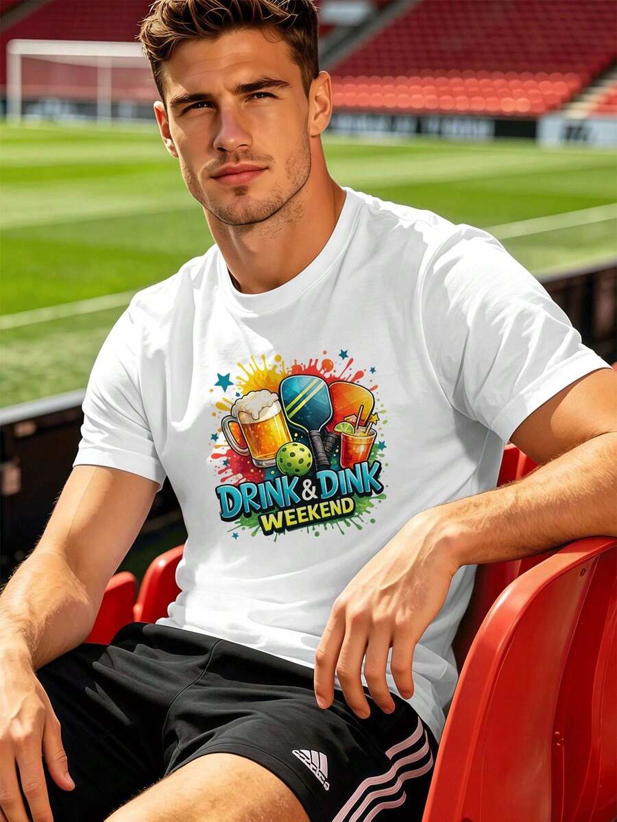 ?Drink Dink Weekend"-T-Shirt Für Herren, Premium-Baumwolle, Lockere Passform, Bequemer Schnitt, L?Ssiger Look, Auff?Lliger Aufdruck - 白色 - 查看 1